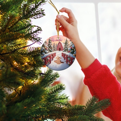 3D Look Non-textured Winter Cabin in the Snow Christmas Ornament, Ceramic Christmas Tree Hanging Decoration, Christmas Gift for Family/Friends