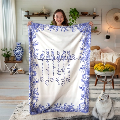 Custom Names Toile De Jouy Cat Memorial Blanket, Flannel/Sherpa Soft Bed Couch Throw, Home Decor, Birthday/Anniversary Gift for Cat Owners/Lovers