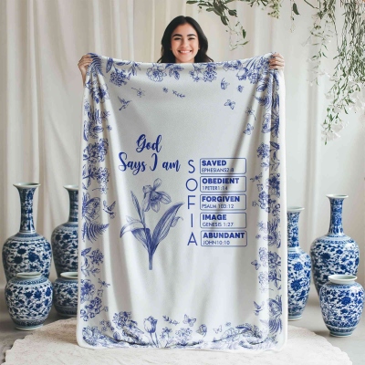 Personalized Name Birth Flower Toile De Jouy Bible Verses Blanket, Flannel/Sherpa Soft Bed Couch Throw, Home Decor, Birthday Gift for Christian Women