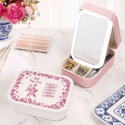 Custom Name Birth Flower Toile De Jouy Bible Verses Makeup Box with Three-Color LED Light Mirror, Travel Makeup Jewelry Box, Gift for Christian Women
