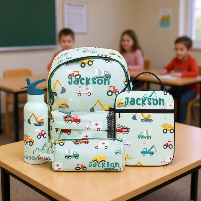 Custom Kids Backpack Set with Lunch Bag, Pencil Case, and Water Bottle – Personalized Name School Bag for Boys & Girls, Vehicle, Animal, Dinosaur, or Rainbow Design, Best Back to School Gifts