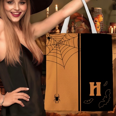 Custom Initial Spooky Spider Web & Bat Design Tote Bag, Large Capacity Double Color Trick or Treat Canvas Bag, Halloween Gift for Kids/Family/Friends
