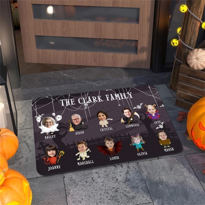 Personalized Names Spooky Family Doormat with 1-10 Photos in Halloween Costumes, Non-slip Floor Mat, Autumn Home Decor, Halloween Gift for Family