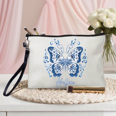 Custom Name Chinoiserie Floral Butterfly Cosmetic Bag, Linen Makeup Pouch with Wrist Strap, Birthday/Mother's Day/Wedding Gift for Her/Mom/Bridesmaids
