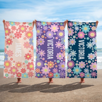 Personalized Colorful Sunny Flowers Beach Towel with Name, Quick Dry Pool Towel, Summer Vacation/Beach Party Favor, Gift for Her/Women/Family