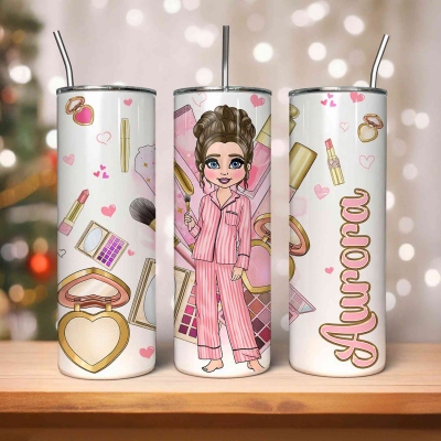 Personalised Love Makeup Lady in Pyjamas & Pink Cosmetics 20oz Straight Tumbler,Pajama Party Gifts