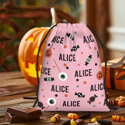 Personalized Name Pumpkin Candy Lollipop Design Drawstring Bag, Multicolor Trick or Treat Bag, Halloween Party Favor, Halloween Gift for Kids/Teens