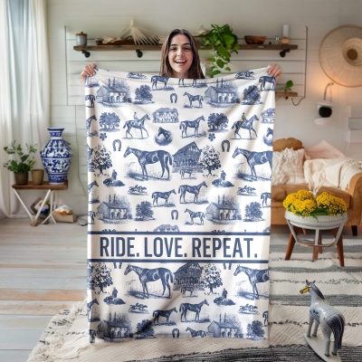 Personalized Name Western Horse Blanket, Flannel/Sherpa Soft Bed Couch Throw, Cowboy Cowgirl Home Decor, Gift for Horse Lovers/Equestrians/Rodeo Girls