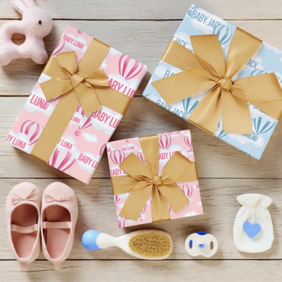 Personalized Name Hot Air Balloon & Cloud Design Wrapping Papers (Set of 3), Baby Gender Reveal Party Favors, Baby Shower Gifts for New Parents