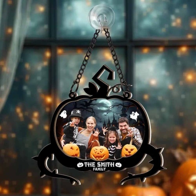 Personalized Name & Photo Spooky Pumpkin Suncatcher Ornament, Family Portrait Memorial Ornament Window Hanging, Halloween Gift for Mom/Dad/Family