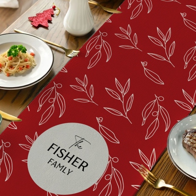 Personalized Christmas Foliage Table Runner with Name, Winter Holiday Kitchen Dining Party Table Decor, Christmas Gift for Mom/Hostess/Family