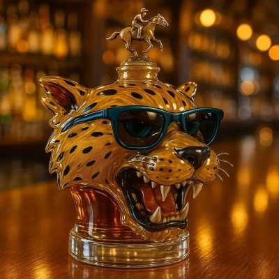 Golden Spotted Jaguar Head Whiskey Bottle