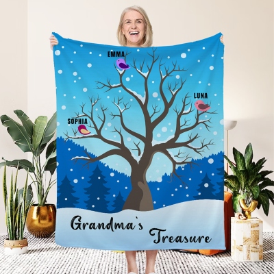 Personalized Names Birds on Snowy Branches Grandparents' Treasure Blanket, Flannel/Sherpa Soft Bed Couch Throw, Home Decor, Gift for Grandparents