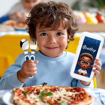 Personalized Name Afro Black Boy/Girl Cutlery Set with Box, Food Grade Stainless Steel Knife, Fork & Spoon Set, Birthday/Back to School Gift for Kids