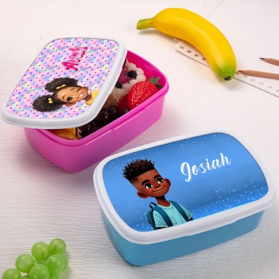 Personalized Name Cartoon Afro Black Boy/Girl Lunch Box, PP Eco-Friendly Children's Snack Box, Birthday/Christmas/Back to School Gift for Kids/Teens