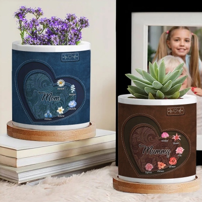 Personalized Names & Birth Flowers Heart Floral Plant Pot, Ceramic Planter with Drainage & Bamboo Tray, Birthday/Mother's Day Gift for Her/Mom/Grandma