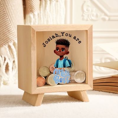Custom Name Cartoon Afro Black Boy/Girl Character Mini Boss Piggy Bank, Wooden Clear Window Money Box, Birthday/Back to School Gift for Kids/Teens
