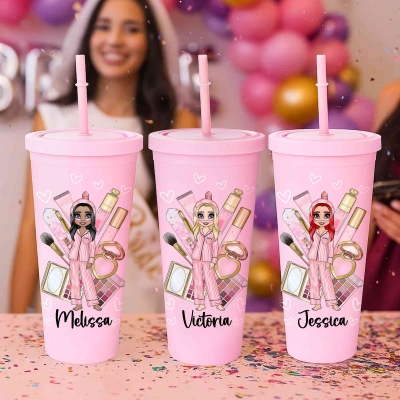 Personalized Makeup Pajamas for Women with Pink Makeup and 24oz Pink Cup with Straw, Perfect for Party Favors or Gifts for Her