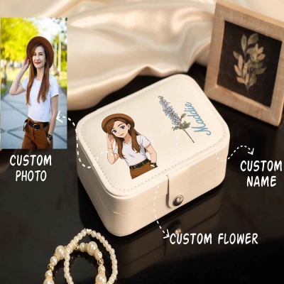 Custom Name & Birth Flower Anime Girl Character Jewelry Case, Leather Travel Jewelry Storage, Birthday/Anniversary/Christmas Gift for Her/Mom/Women