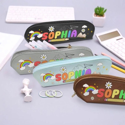 Custom Name Rainbow/Flower/Pencil Design Pen Pouch, Colorful  Leather Zipper Pen Pouch, Appreciation/End of Year/Back to School Gift for Teachers