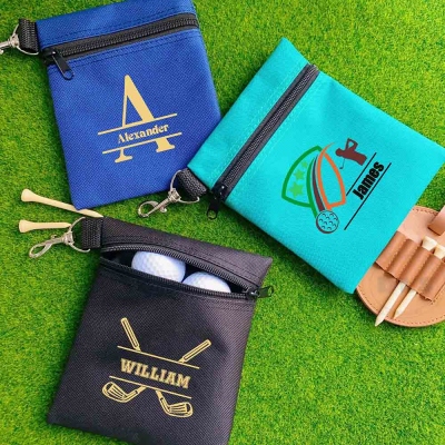 Personalized Name Golf Ball & Tees Holder Pouch, Golf Ball Storage Bag with Zipper & Belt Clip, Wedding/Birthday Gift for Golf Lovers/Him/Groomsmen