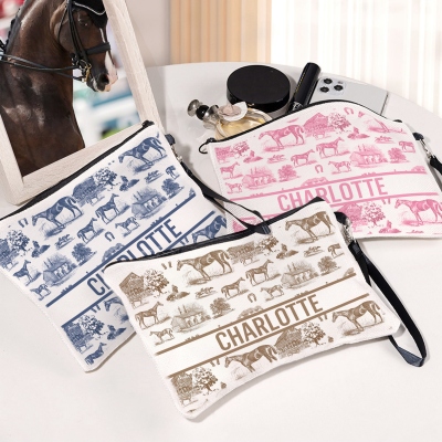 Custom Name Western Horse Cosmetic Bag, Cowboy Cowgirl Linen Makeup Pouch with Wrist Strap, Birthday/Anniversary Gift for Horse Lovers/Equestrians
