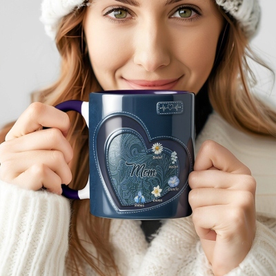 Personalized Names & Birth Flowers Heart Floral Design Mug, 11oz Ceramic Coffee Tea Mug, Birthday/Christmas/Mother's Day Gift for Wife/Mom/Grandma