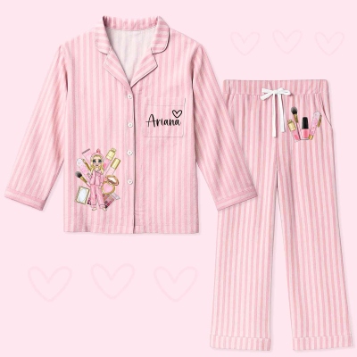 Personalized Makeup Pajamas Girls Pink Striped Pajamas, Customized Cute Long Sleeve Pajamas, Bachelorette Party Gifts, Bridesmaid Gifts