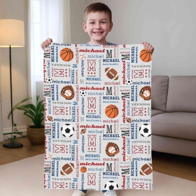 Personalized Name & Initial Ball Sports Word Cloud Blanket, Flannel/Sherpa Soft Bed Couch Throw, Birthday/Christmas Gift for Kids/Boys/Sports Lovers