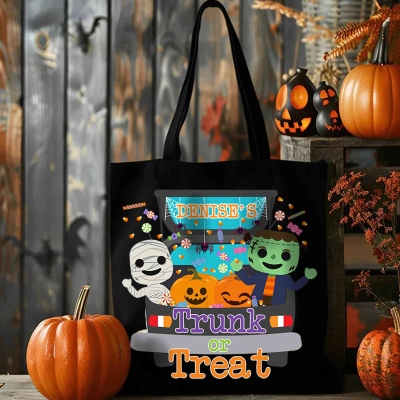 Personalized Name Spooky Ghosts & Pumpkins Trunk or Treat Tote Bag, Large Capacity Halloween Canvas Handbag, Halloween Gift for Kids/Boys/Girls