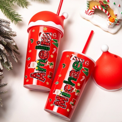 Personalized Name Christmas Alphabet Water Bottle, 20oz Kids Cup with Santa Hat Lid & Straw, Holiday Party Favor, Christmas Gift for Kids/Boys/Girls
