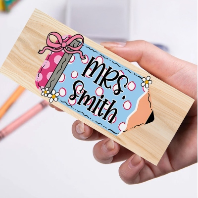 Custom Name Coquette Bow Pencil Design Chalkboard Eraser with a Marker, Wooden Whiteboard Eraser Set, Teacher's Day/Appreciation Gift for Teachers