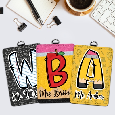 Personalized Name & Initial Teacher Leather ID Badge Holder with Lanyard, Pencil/Apple/Notebook Alphabet Card Holder, Appreciation Gift for Teachers