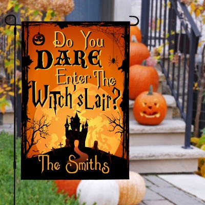 Personalized Name Do You Dare Enter the Witch's Lair Garden Flag, Trick or Treat Flag, Autumn Outdoor Yard Decor, Halloween Gift for Family/Friends