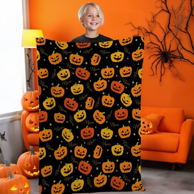 Personalized Name Spooky Pumpkin Faces Blanket, Flannel/Sherpa Soft Bed Couch Throw, Autumn Home Decor, Halloween Gift for Kids/Family/Friends