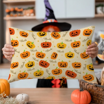 Personalized Name Spooky Pumpkin Faces Throw Pillow Cover, Pillowcase with Optional Insert, Autumn Home Decor, Halloween Gift for Kids/Family/Friends