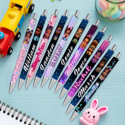Personalized Name Cartoon Afro Black Boy/Girl Character Gel Pen, Kid's Glitter Ballpoint Pen, Birthday/Back to School/Christmas Gift for Kids/Students