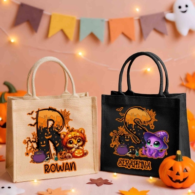 Personalized Initial & Name Halloween Animal Tote Bag, Large Capacity Jute/Linen Handbag, Trick or Treat Candy Bag, Halloween Gift for Kids/Boys/Girls