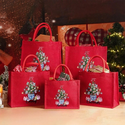 Personalized Christmas Mahjong Tree Red Jute Tote Gift Bag with Name, Christmas Party Favors, Gifts for Mahjong Lovers/Family