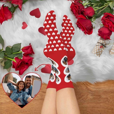 Custom Photos Heart Design Red Socks, Unisex Mid-Calf Socks, Adult Crew Socks, Valentine's Day/Anniversary/Christmas/Wedding Gift for Him/Her/Couple