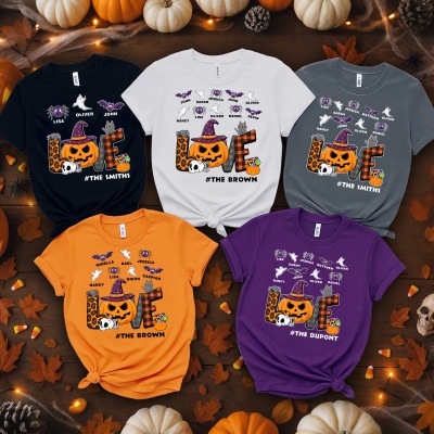 Custom Love Halloween Ghosts Bats & Spiders T-Shirt with Kids' Names, 100% Cotton T-Shirt, Halloween Party Outfit, Halloween Gift for Mom/Dad/Family