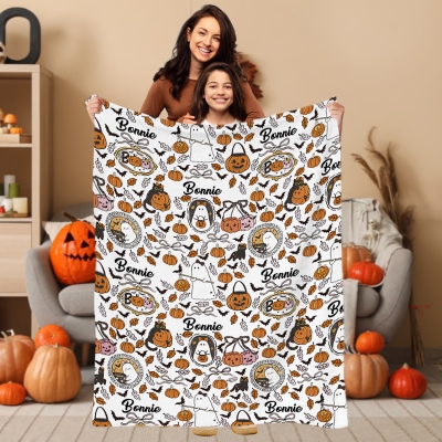 Custom Name Halloween Pumpkins Ghosts Flannel/Sherpa Blanket, Swaddle & Baby Hat Set, Nursery Blanket, Halloween/Baby Shower Gift for Kids/Newborns