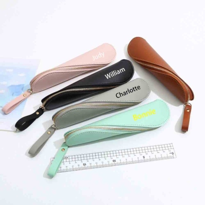 Personalized Name Spiral Closure Pencil Case, PU Leather Retro Pen Pouch with Zipper & Wrist Strap, Birthday/Back to School Gift for Kids/Students