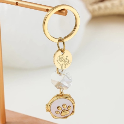 Personalized Birth Flower Locket Keychain with Photos, Vintage Paw Print Crystal Frame Pendant, Anniversary/Birthday Gift for Family/Pet Lovers/Her