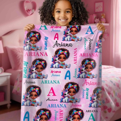 Personalized Black Children's Blanket, Colorful Unicorn Blanket, African American Birthday Gift, Back to School Gift, Christmas Gift for Kids