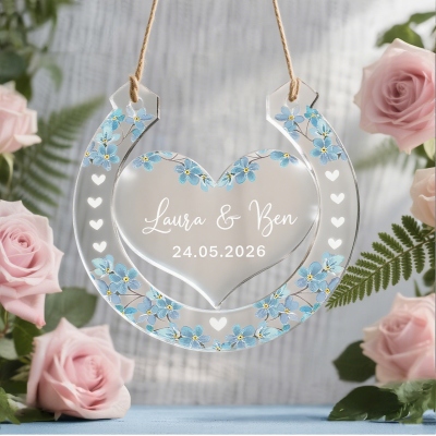Personalised Lucky Horseshoe with Couple's Names Ornament, Frosted Acrylic Heart Floral Hanging Decor, Engagement/Wedding Gift for Newlyweds/Couple