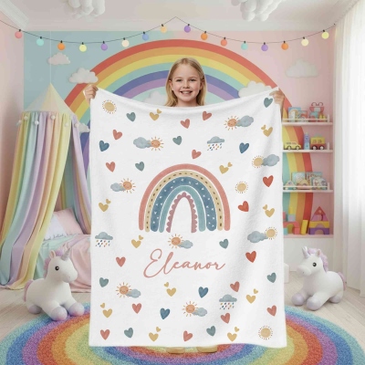 Custom Name Watercolor Boho Rainbow Blanket, Flannel/Sherpa Soft Bed Couch Throw, Nursery Room Decor, Birthday/Baby Shower Gift for Newborns/Kids
