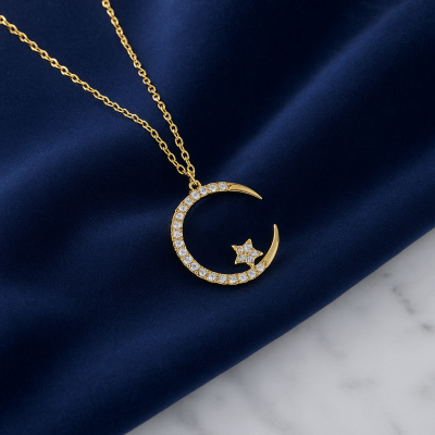 Moon and Star Pendant Necklace for Women – Dainty Cubic Zirconia Celestial Jewelry, Elegant Gold Choker, Minimalist Luxury Gift for Her or Girlfriend