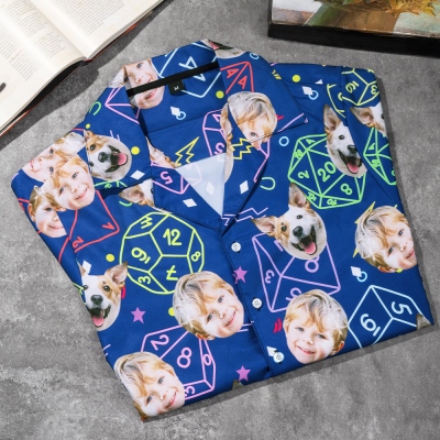 Customisable DND Dice D20 Family Matching Hawaiian Shirt for Men and Women with Photo, Add Your Own Photo, Neon Printed Aloha Shirt, Neutral Shirt
