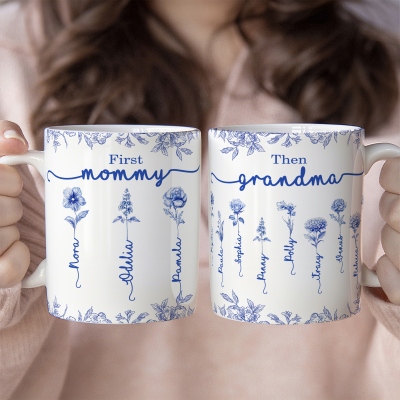 Personalized Birth Flowers & Names Toile de Jouy Mug, 11oz Two Tone Ceramic Coffee Tea Mug, Birthday/Christmas/Mother's Day Gift for Her/Mom/Grandma